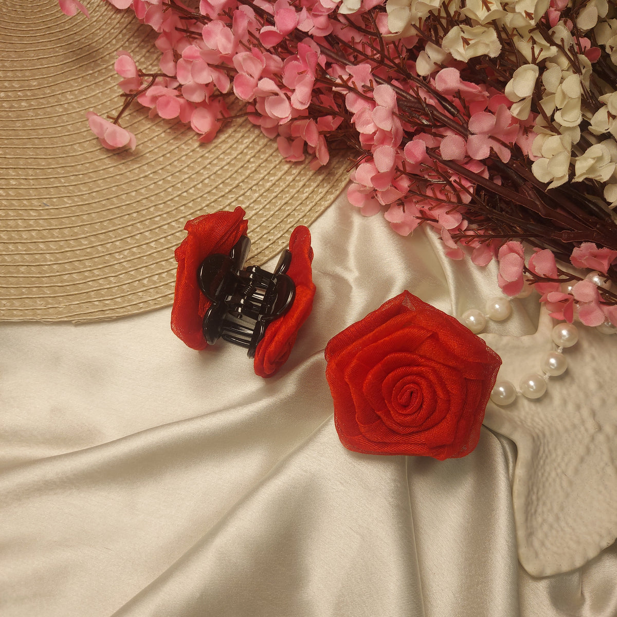 Handmade organza Rose Hair Claw – Handmade Fabric Flower Clip– 4 CM