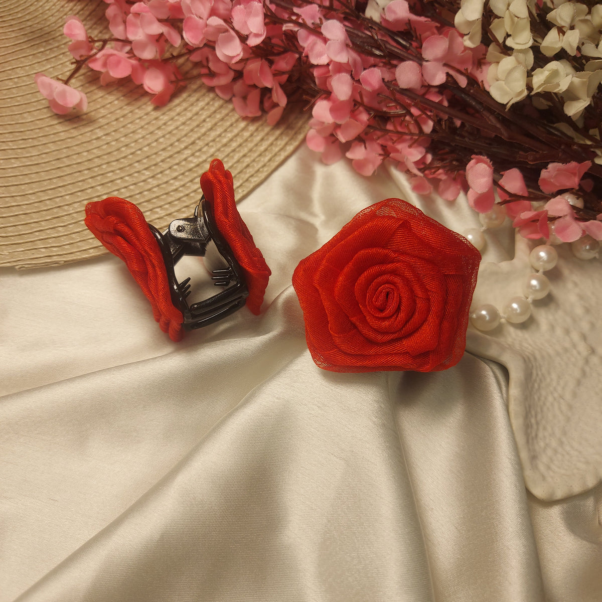 Handmade organza Rose Hair Claw – Handmade Fabric Flower Clip– 4 CM
