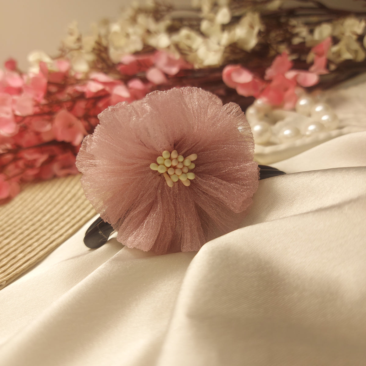 Daisy bead Banana Hair Claw – Handmade Fabric Flower Clip– 7 CM