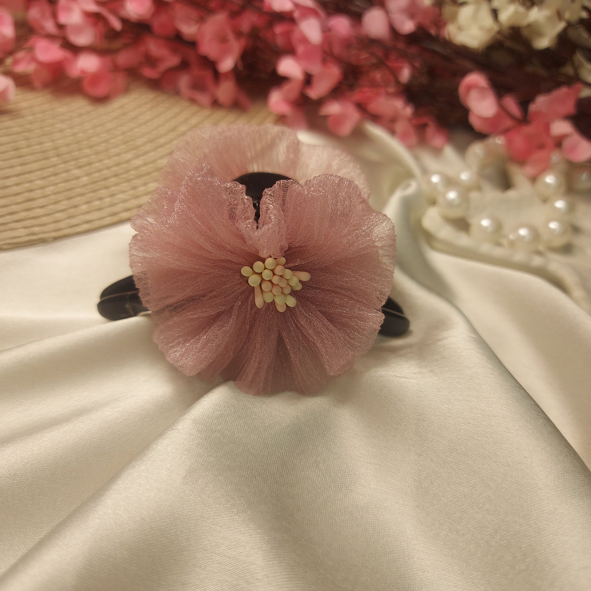 Daisy bead Banana Hair Claw – Handmade Fabric Flower Clip– 7 CM