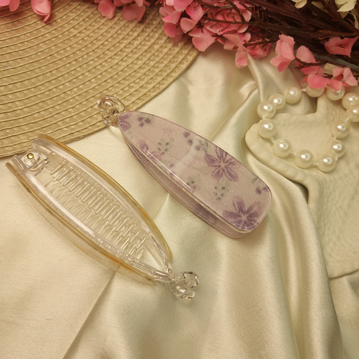 BOFEINI SHEER FLORAL BANANA HAIRCLIP for Women – 9.5CM | Strong Grip Long Hair Clip | Daily & Party Wear
