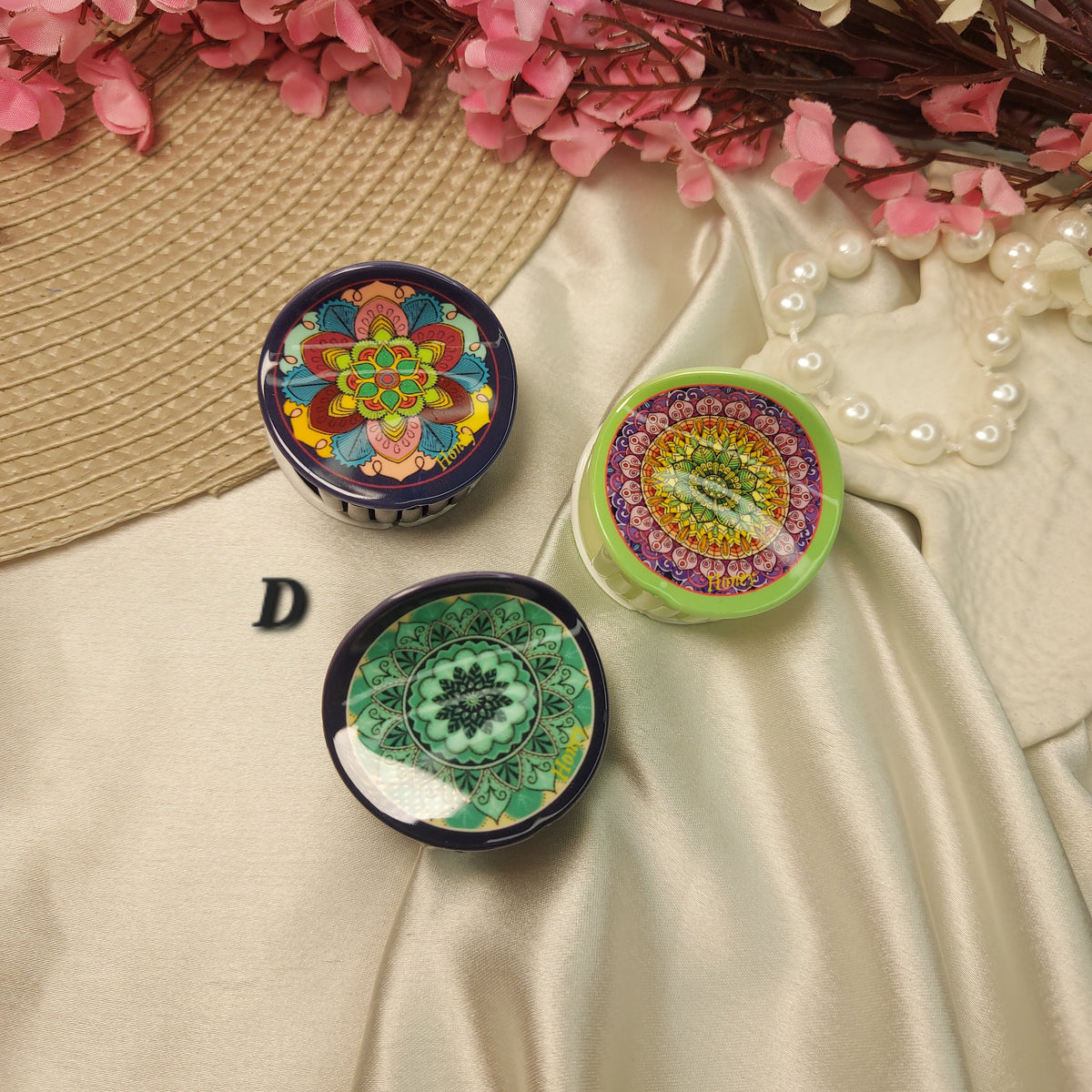 Honey Bohemian Mandala Bloom Claw Clip Set (Set of 3) – Premium Acrylic Round Hair Claws -5CM