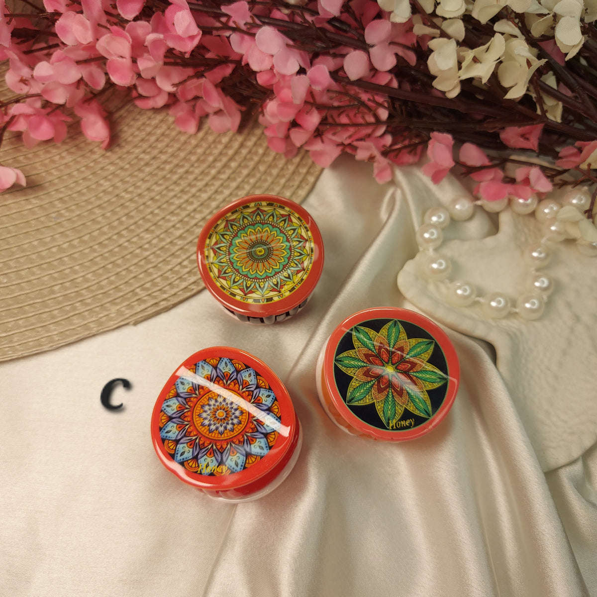 Honey Bohemian Mandala Bloom Claw Clip Set (Set of 3) – Premium Acrylic Round Hair Claws -5CM