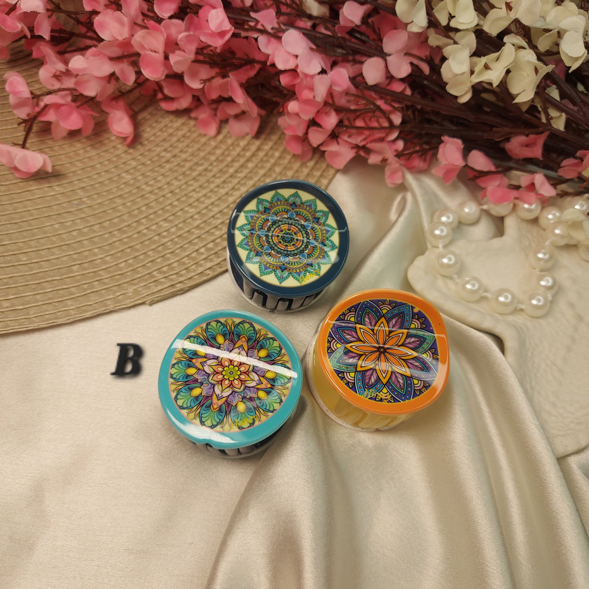 Honey Bohemian Mandala Bloom Claw Clip Set (Set of 3) – Premium Acrylic Round Hair Claws -5CM