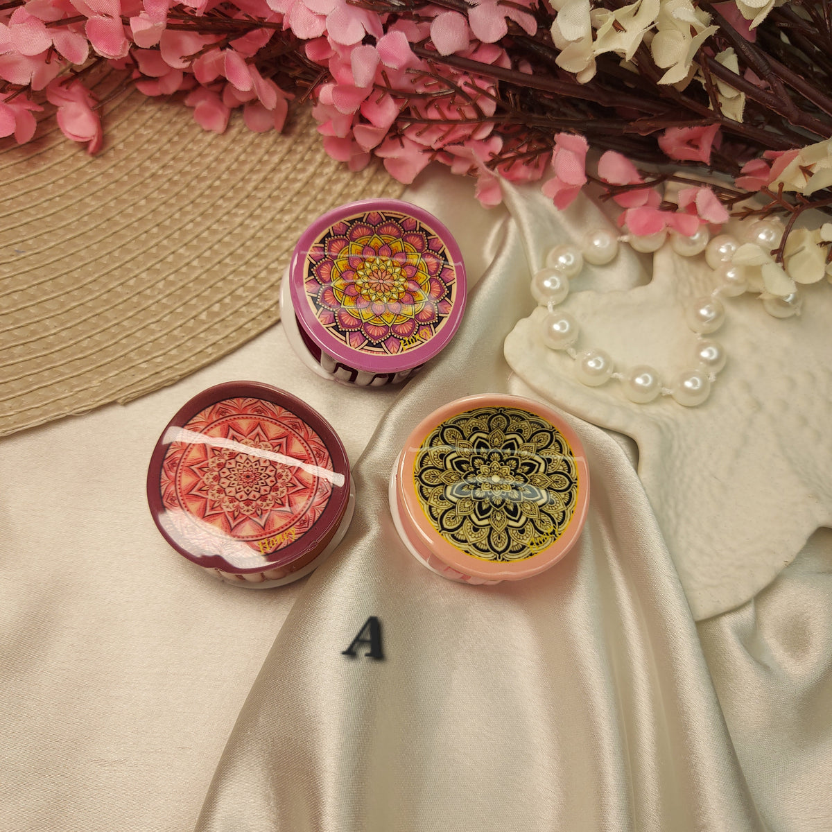 Honey Bohemian Mandala Bloom Claw Clip Set (Set of 3) – Premium Acrylic Round Hair Claws -5CM