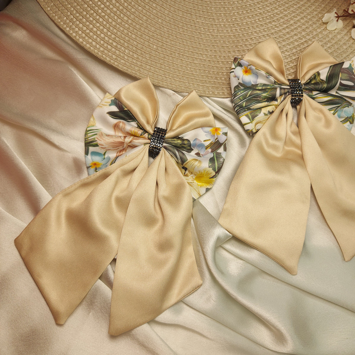 Elegant Satin Hair Bow with Floral Print | Handmade Statement Hair Accessory