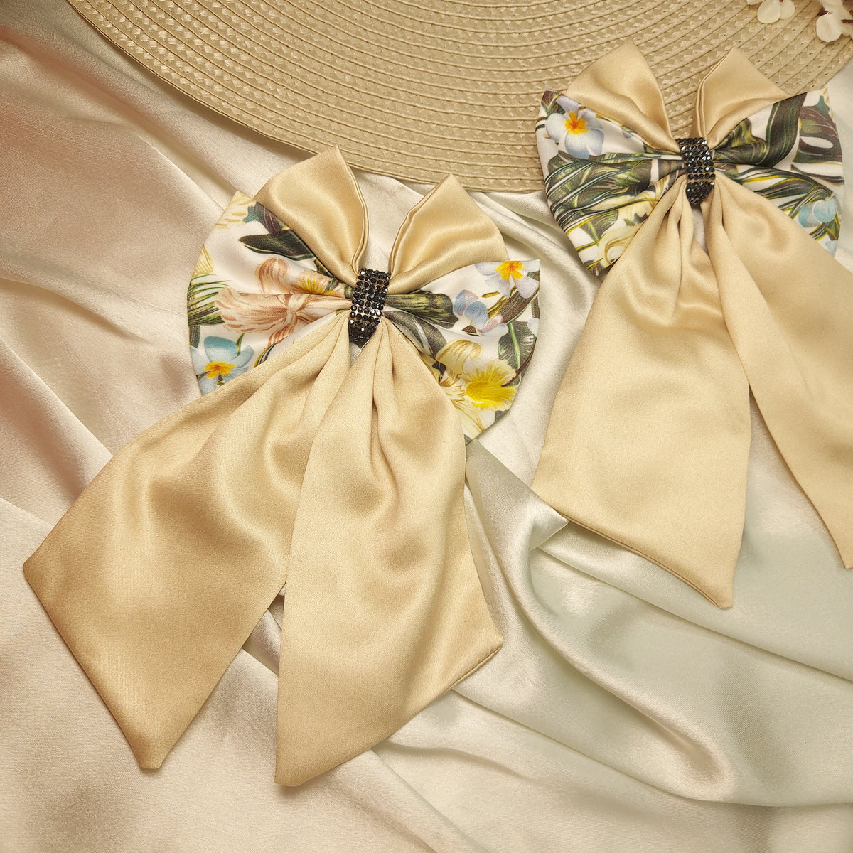 Elegant Satin Hair Bow with Floral Print | Handmade Statement Hair Accessory