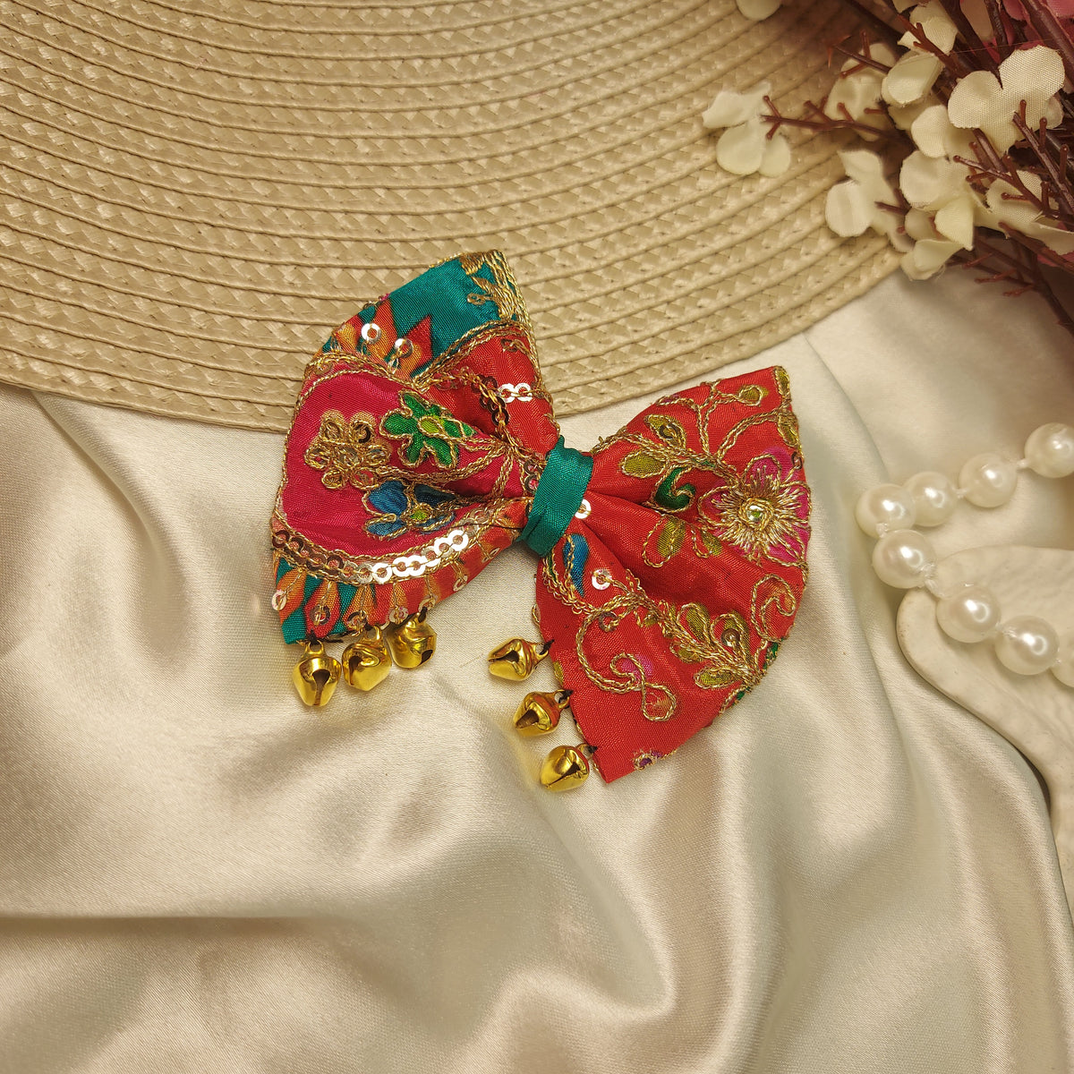 Navratri Embroidered Festive Hair Bow with Ghungroo | Traditional Hair Accessory 10CM