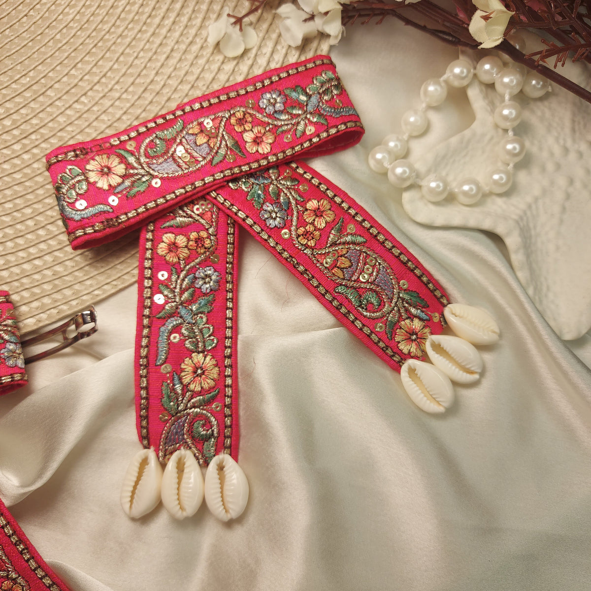 Navratri Embroidered Hair Bow with Shells | 7.5CM Barrette Clip
