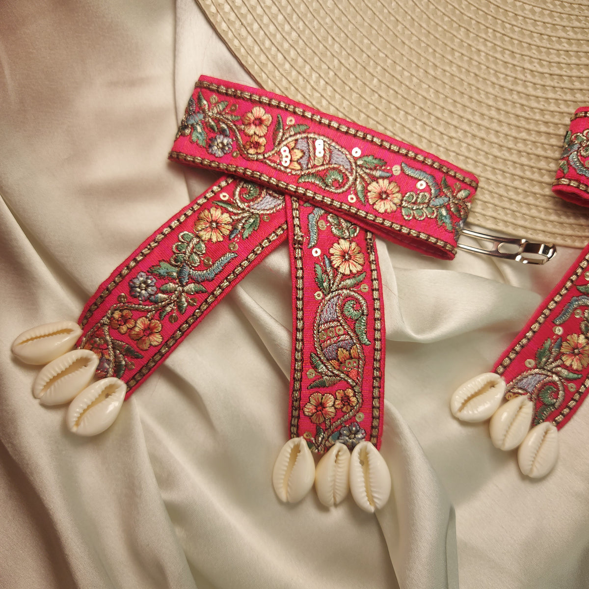 Navratri Embroidered Hair Bow with Shells | 7.5CM Barrette Clip