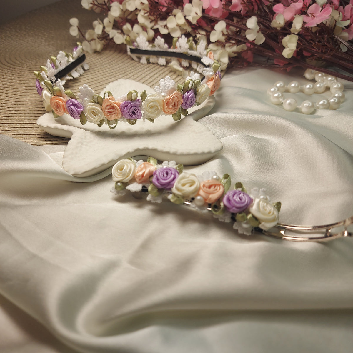 Handmade Mother Daughter Floral Hair Accessories Set | Flower Headband & Barrette Clip