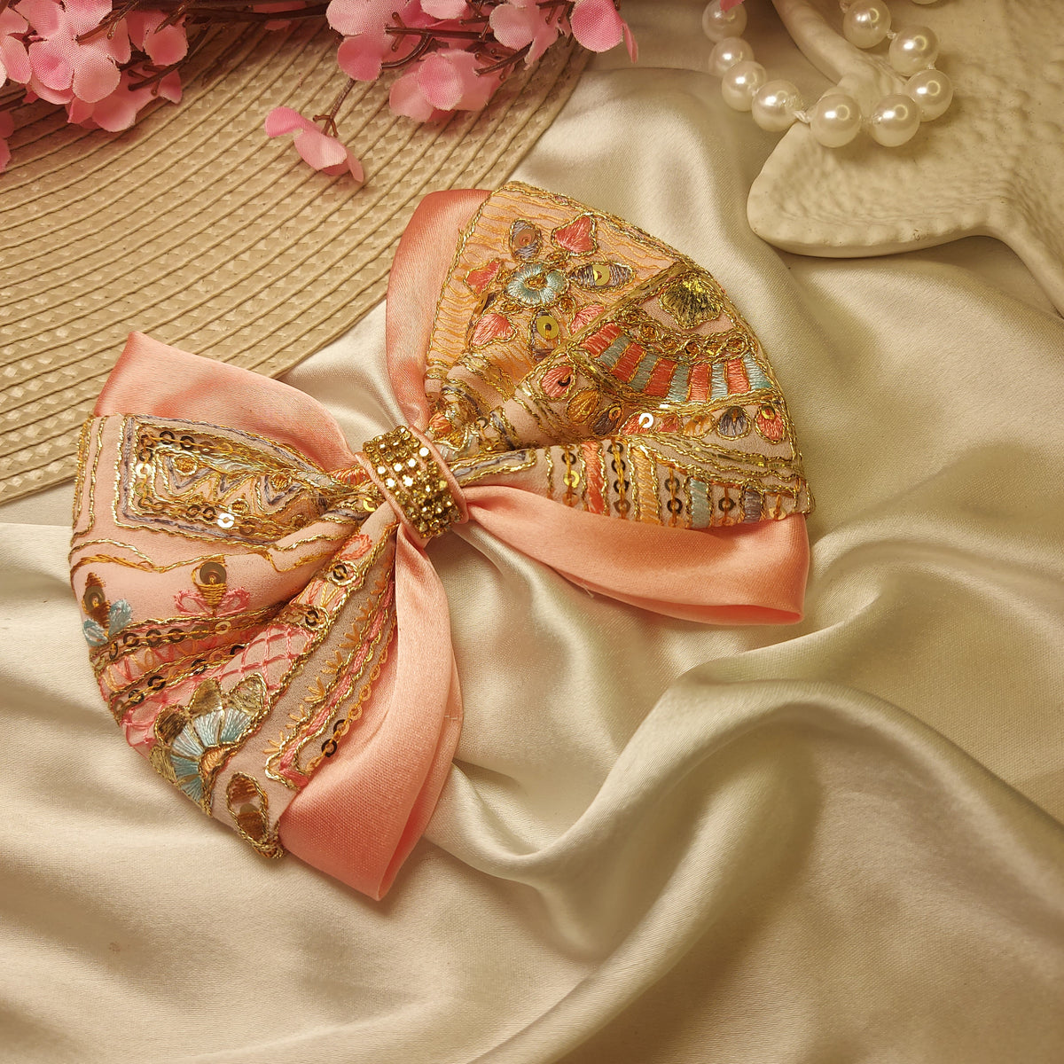 Embroidered Jewel Festive Statement Hair Bow – 12 CM | Handmade Barrette Hair Clip