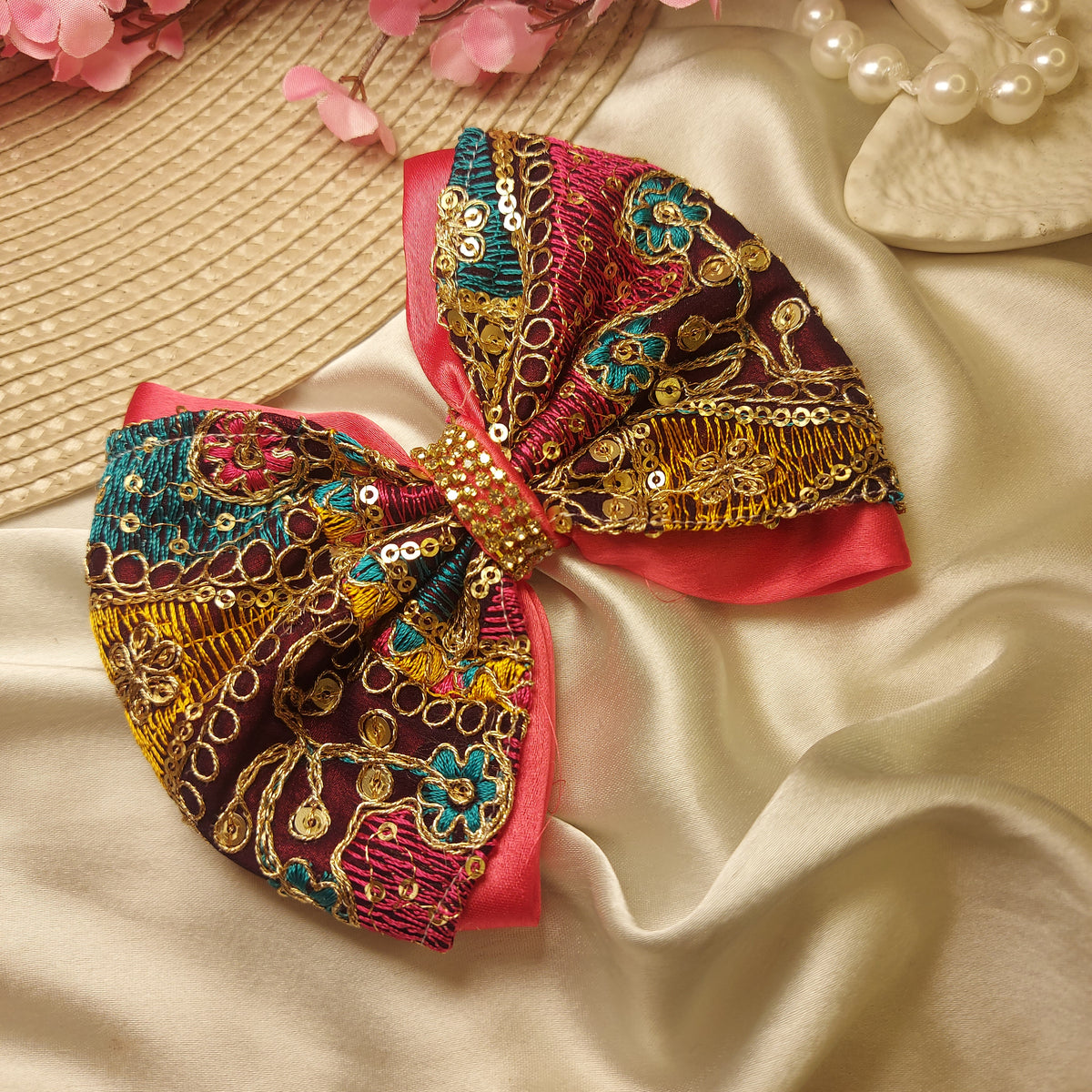 Embroidered Jewel Festive Statement Hair Bow – 12 CM | Handmade Barrette Hair Clip