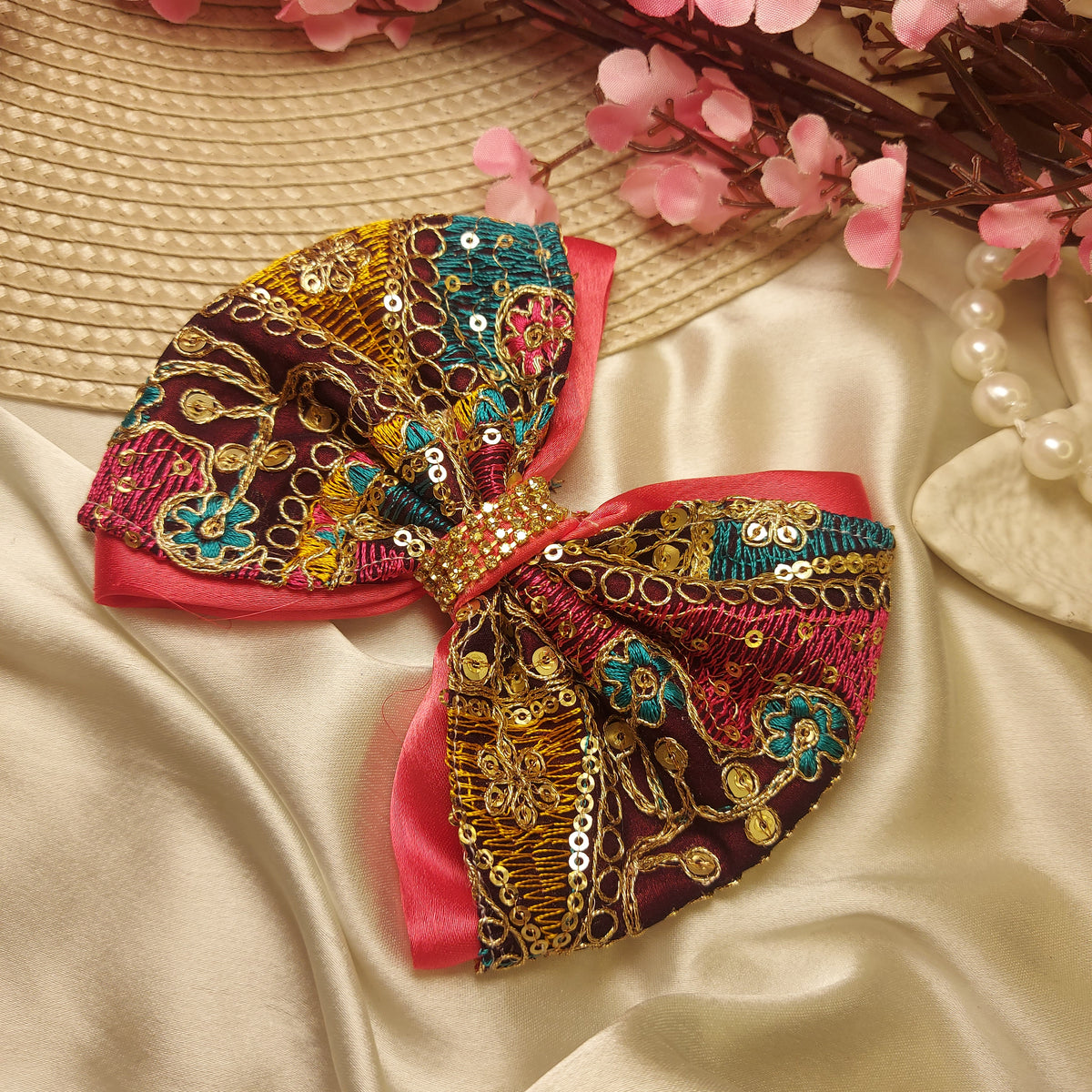 Embroidered Jewel Festive Statement Hair Bow – 12 CM | Handmade Barrette Hair Clip