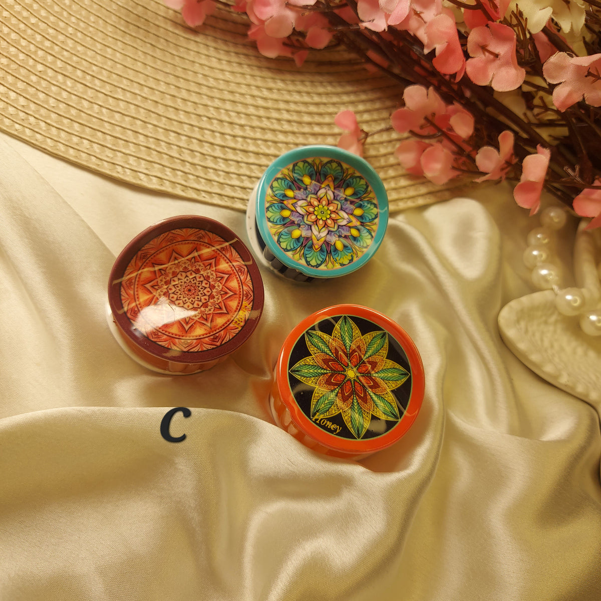 Honey Bohemian Mandala Bloom Claw Clip Set (Set of 3) – Premium Acrylic Round Hair Claws -5CM