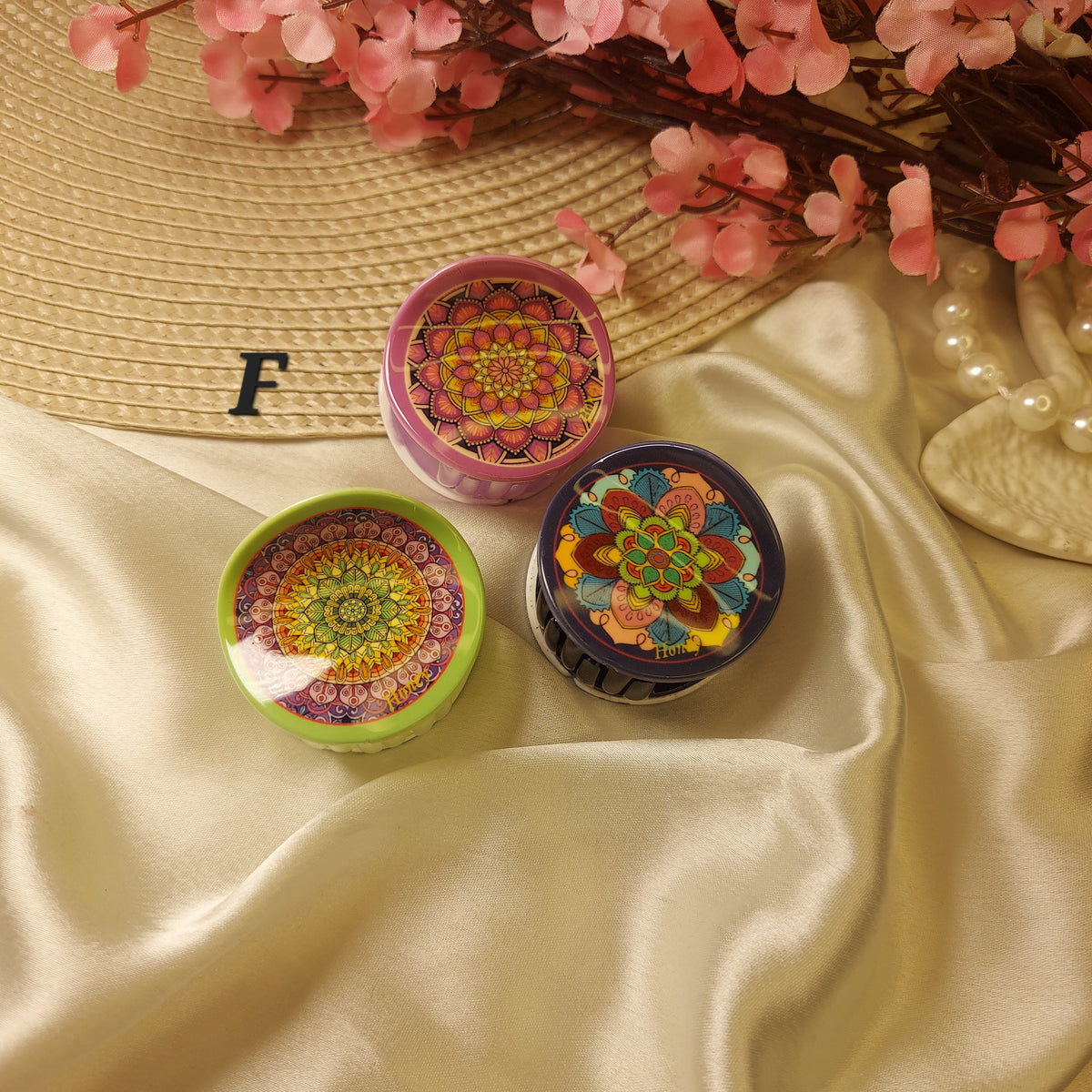 Honey Bohemian Mandala Bloom Claw Clip Set (Set of 3) – Premium Acrylic Round Hair Claws -5CM