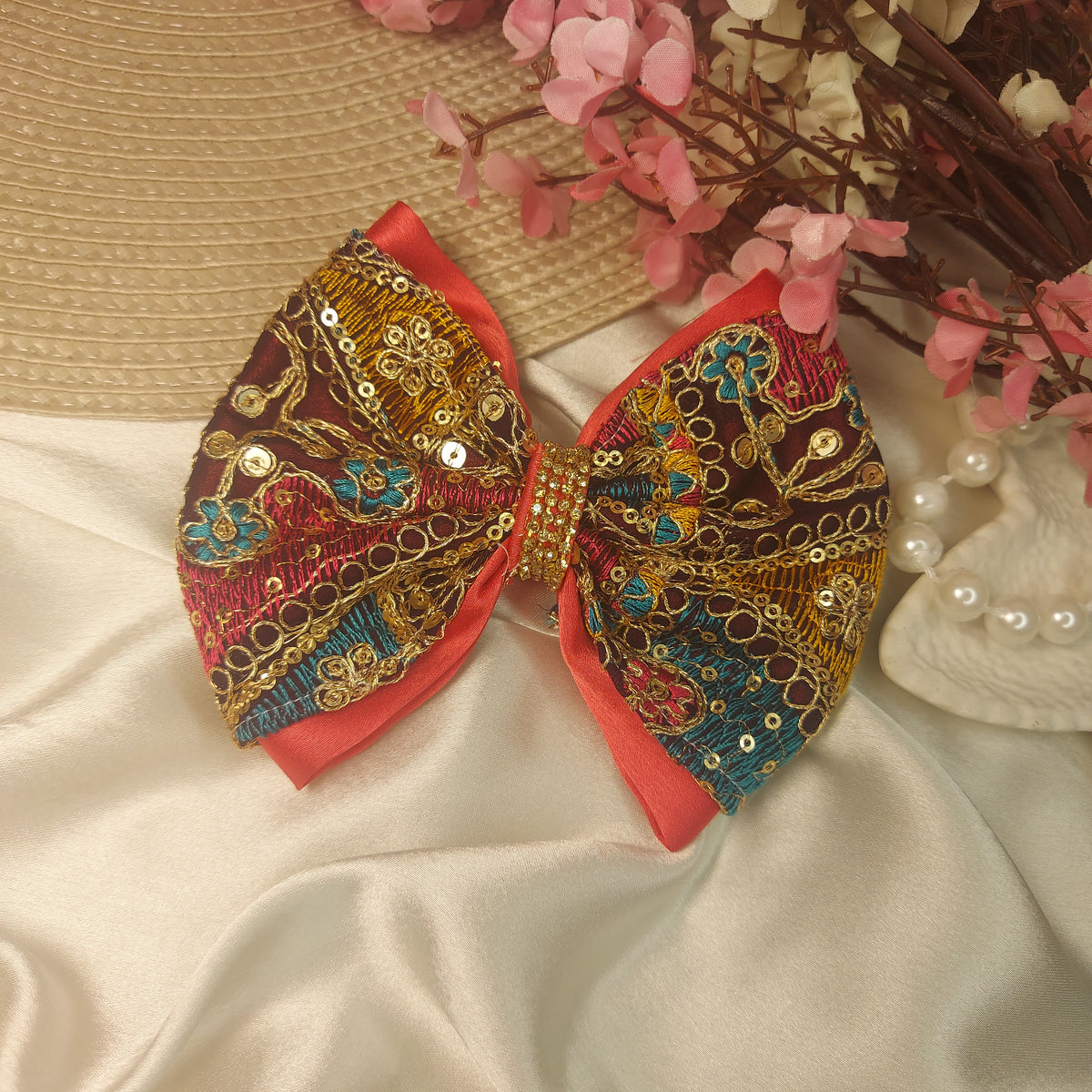 Embroidered Jewel Festive Statement Hair Bow – 12 CM | Handmade Barrette Hair Clip