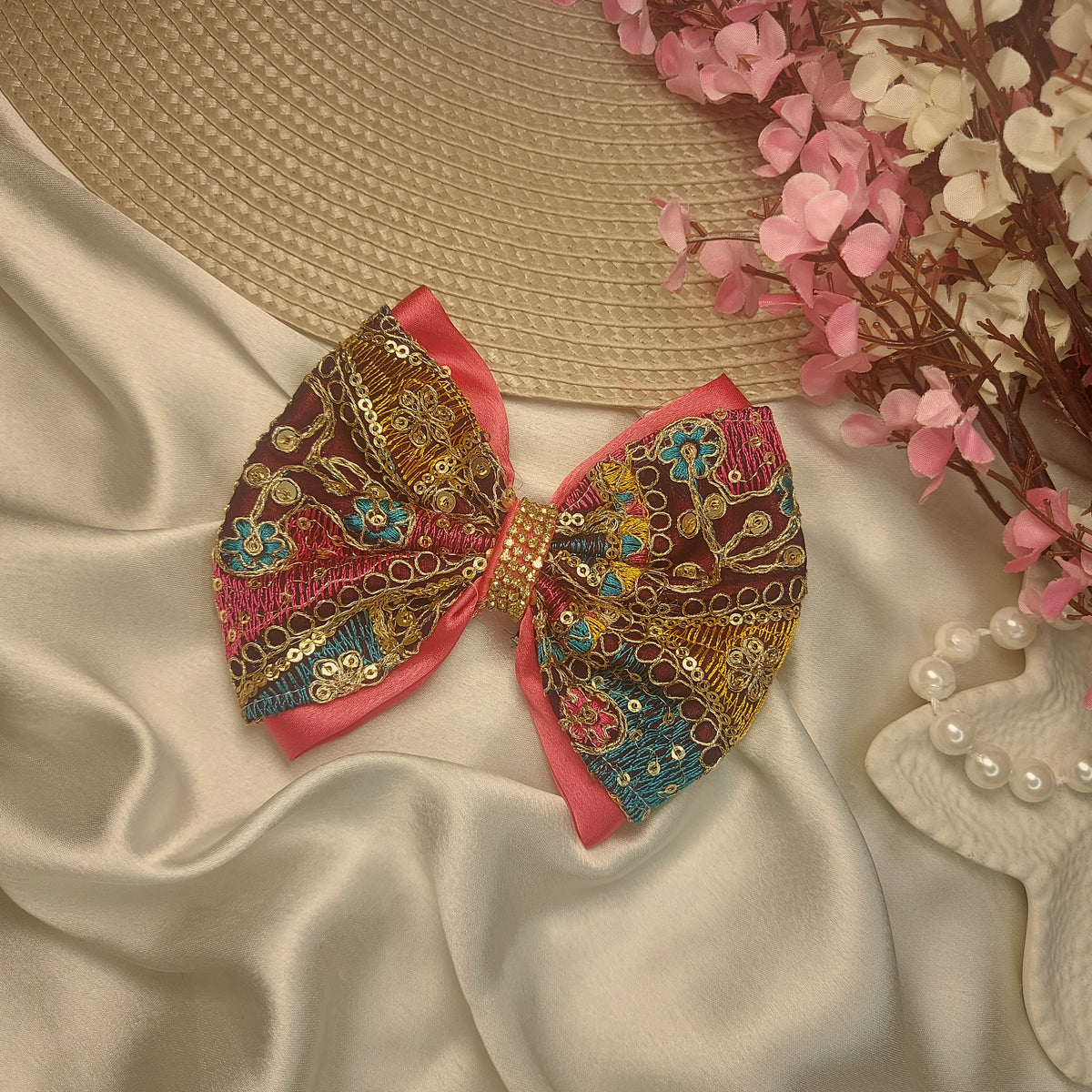Embroidered Jewel Festive Statement Hair Bow – 12 CM | Handmade Barrette Hair Clip