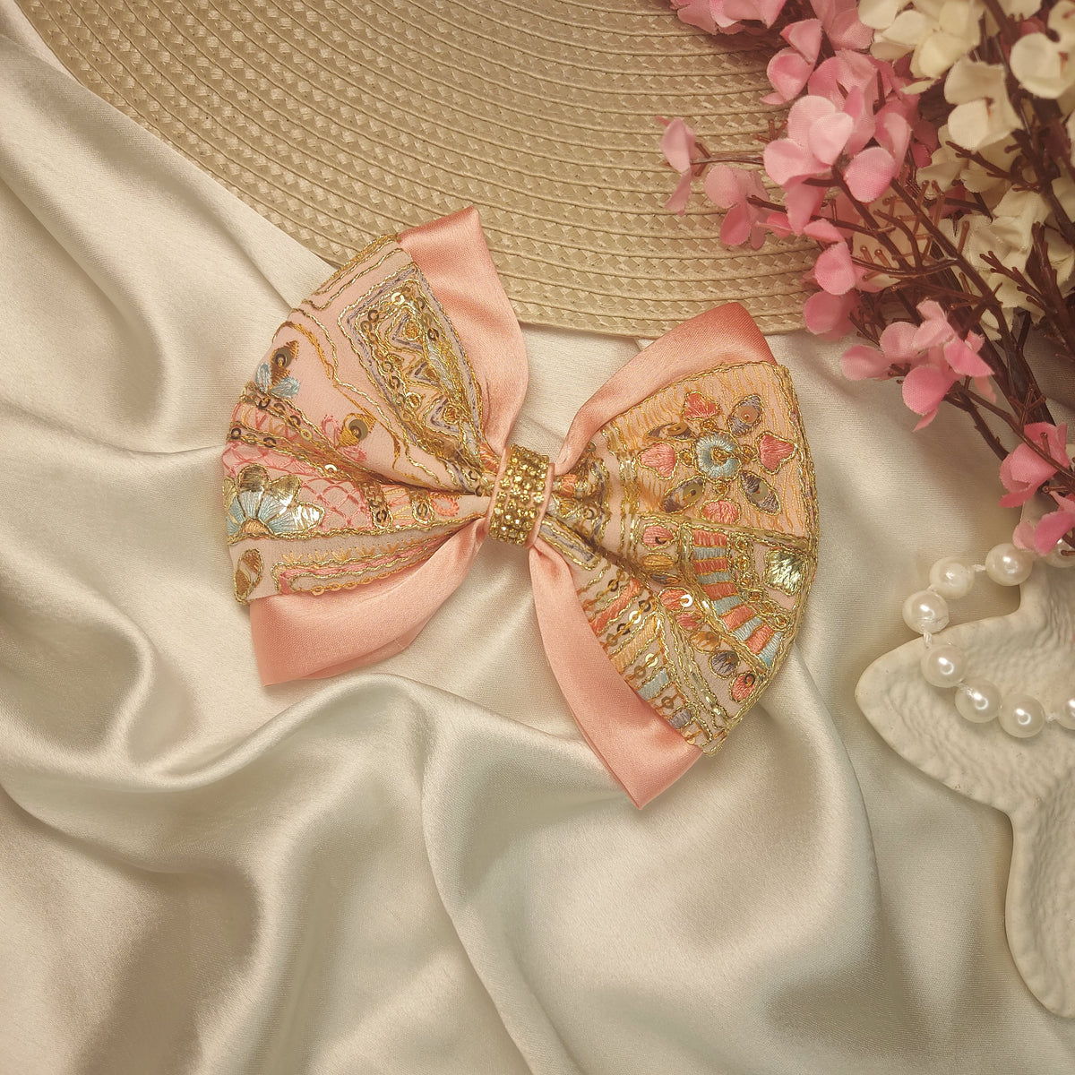 Embroidered Jewel Festive Statement Hair Bow – 12 CM | Handmade Barrette Hair Clip