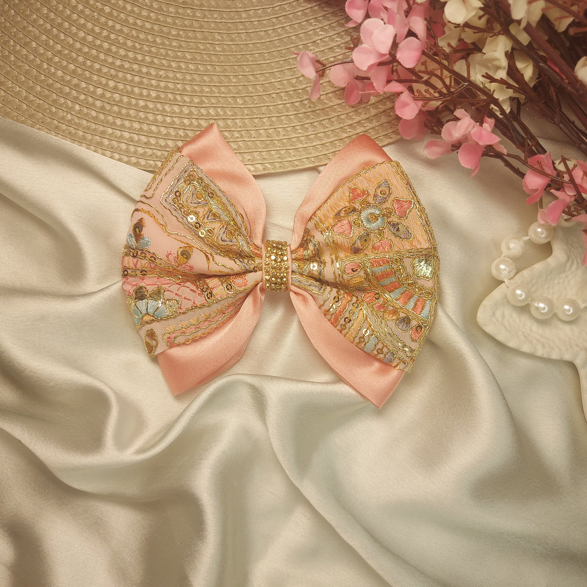 Embroidered Jewel Festive Statement Hair Bow – 12 CM | Handmade Barrette Hair Clip