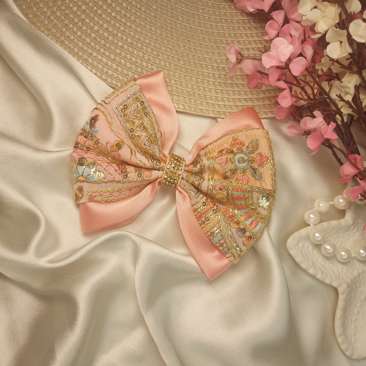 Embroidered Jewel Festive Statement Hair Bow – 12 CM | Handmade Barrette Hair Clip