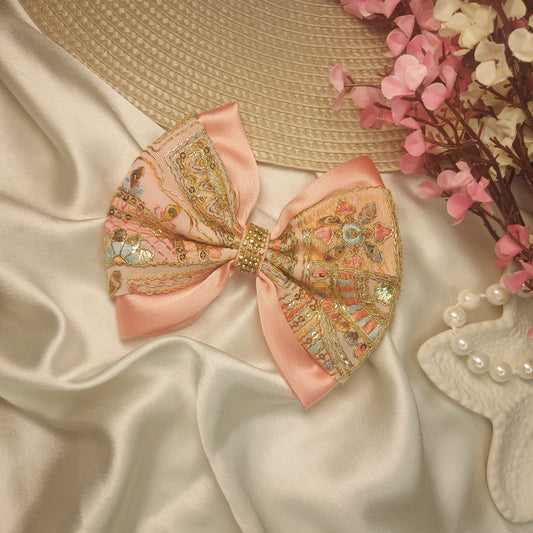 Embroidered Jewel Festive Statement Hair Bow – 12 CM | Handmade Barrette Hair Clip