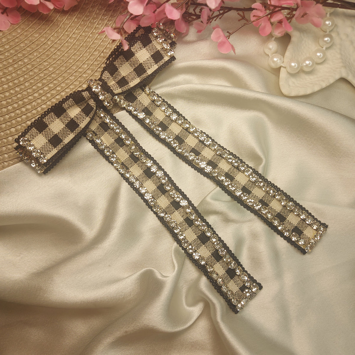 Glam Check Studded Hair Bow – Handmade Party Wear Barrette Clip