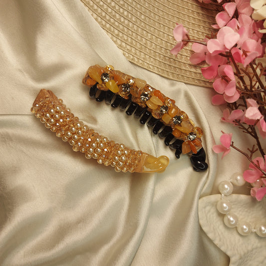 JEWEL BANANA HAIRCLIP for Women – 10CM (set of 2) | Strong Grip Hair Clip | Daily & Party Wear
