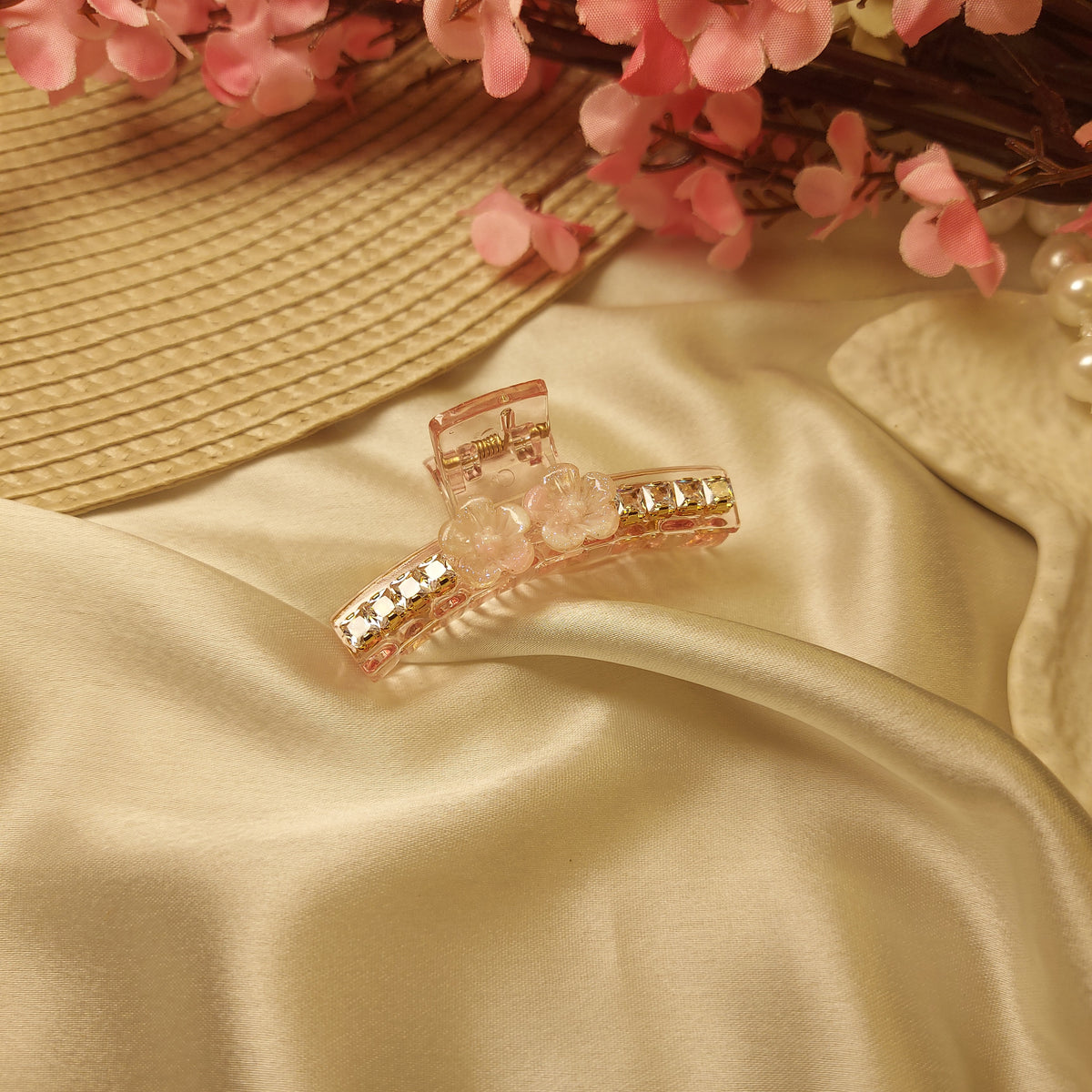 Floral Crystal T-Bar Claw Clip – 5.5 CM | Handcrafted Acrylic Hair Clip