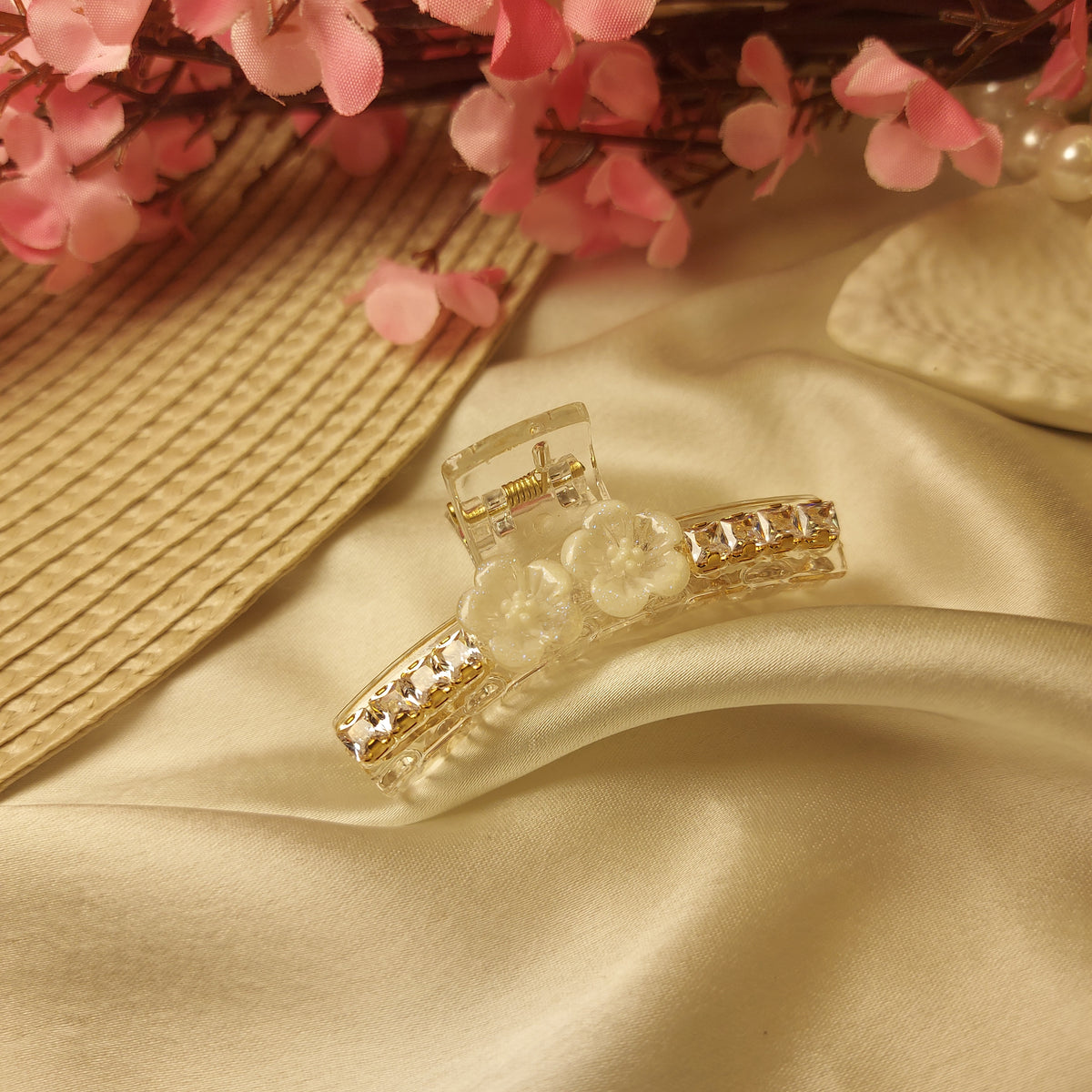 Floral Crystal T-Bar Claw Clip – 5.5 CM | Handcrafted Acrylic Hair Clip