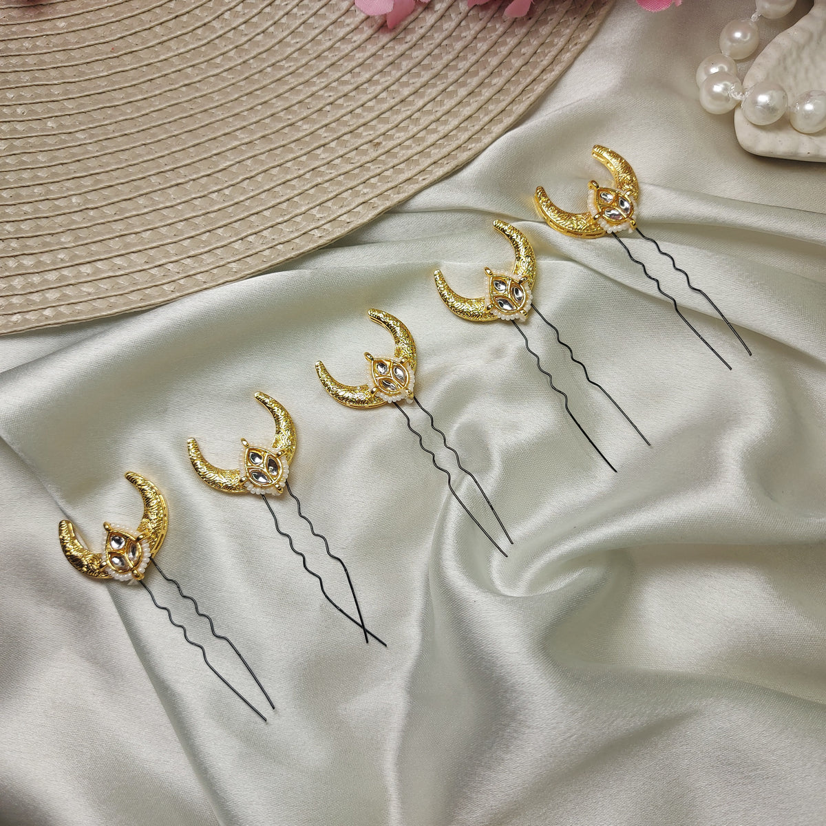 Noor-e-Chand Handmade Hair Pins – Set of 5 | Gold Festive Hair Accessories