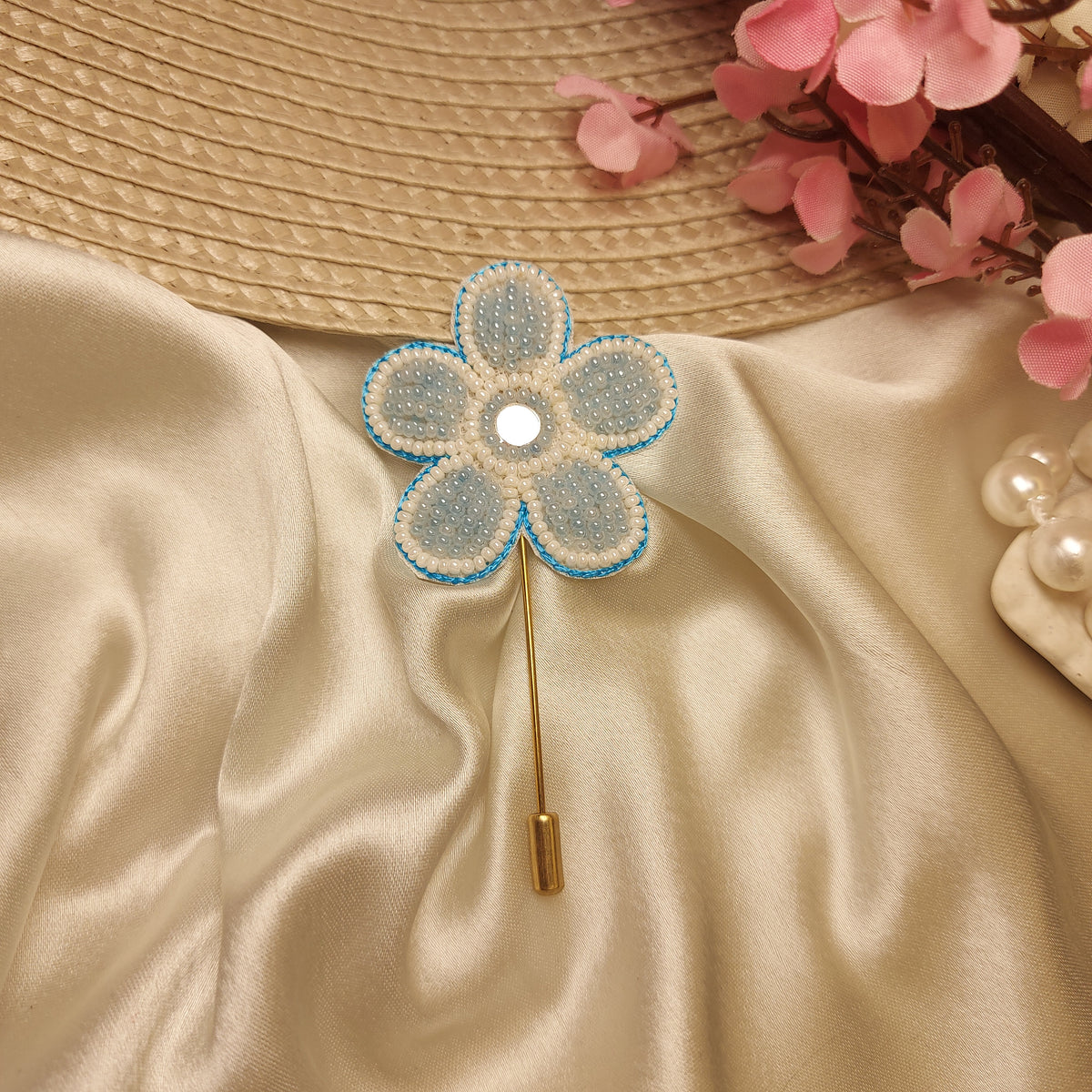Flower near my 💙- Handcrafted Beaded Flower Lapel Pin – Elegant Brooch for Men & Women