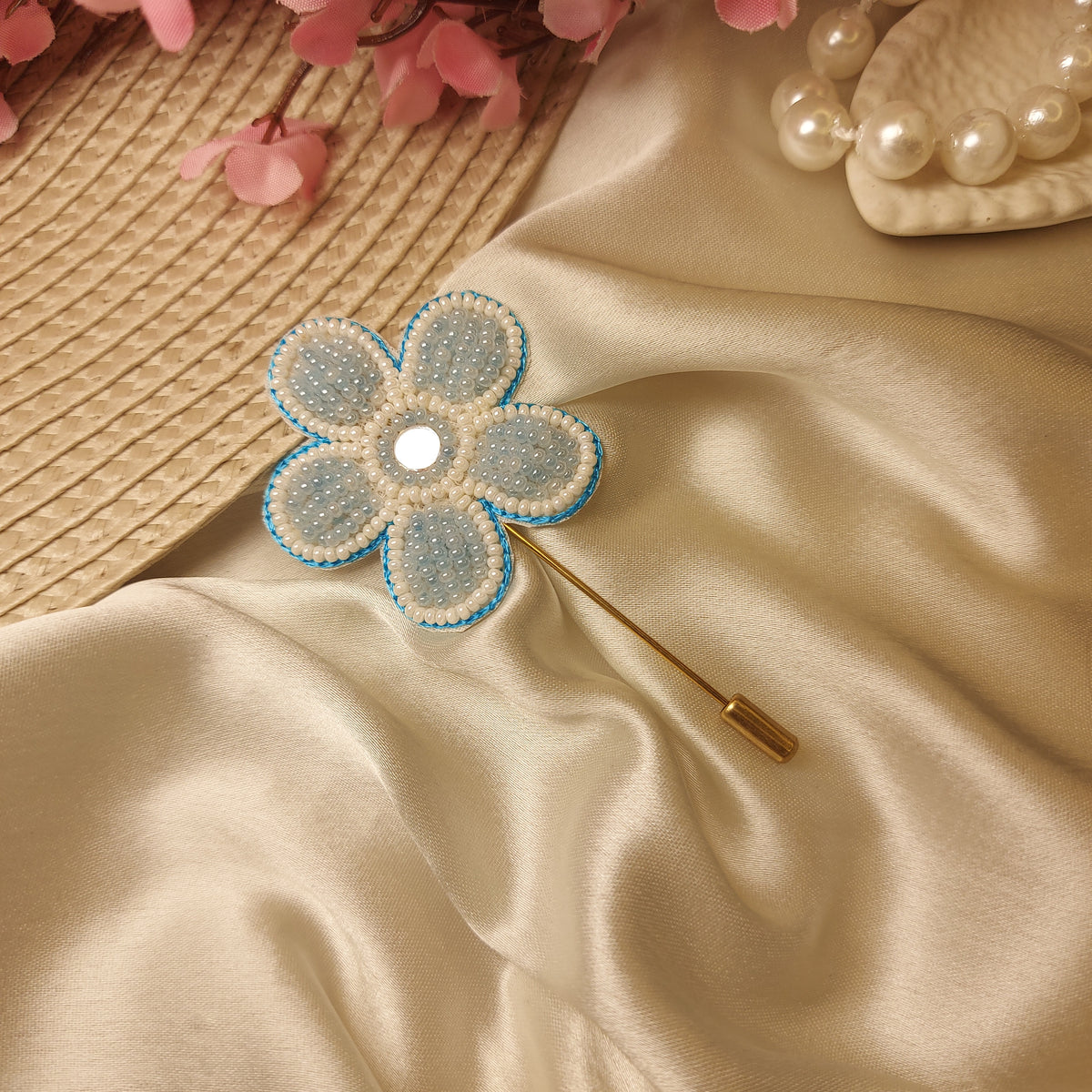 Flower near my 💙- Handcrafted Beaded Flower Lapel Pin – Elegant Brooch for Men & Women
