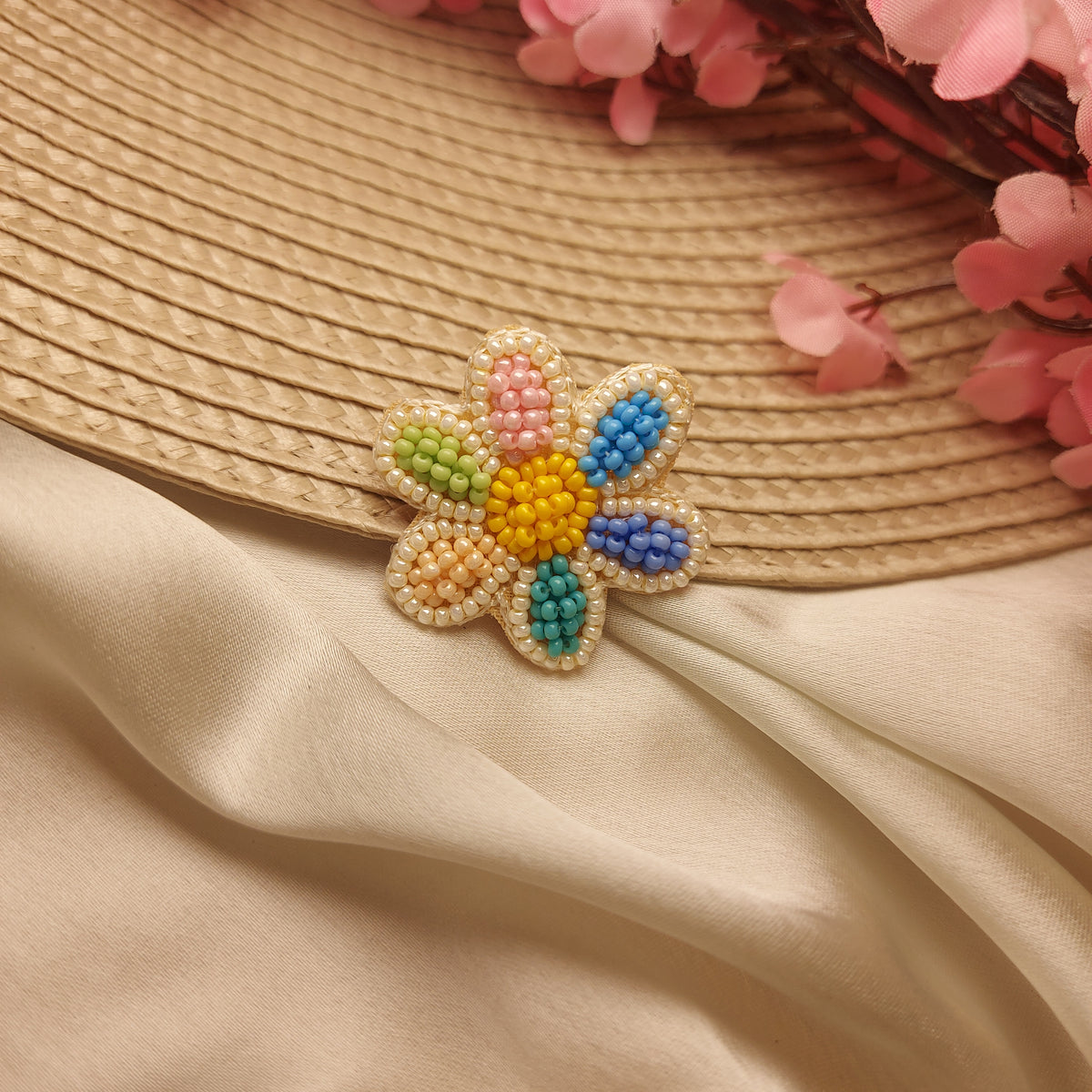 Handmade Beaded Rainbow Flower Brooch | Multicolour Floral Pin