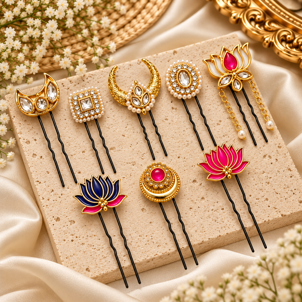 Noor-e-Gul Festive Hair Pins – Set of 8 | Handmade Statement Hairpins