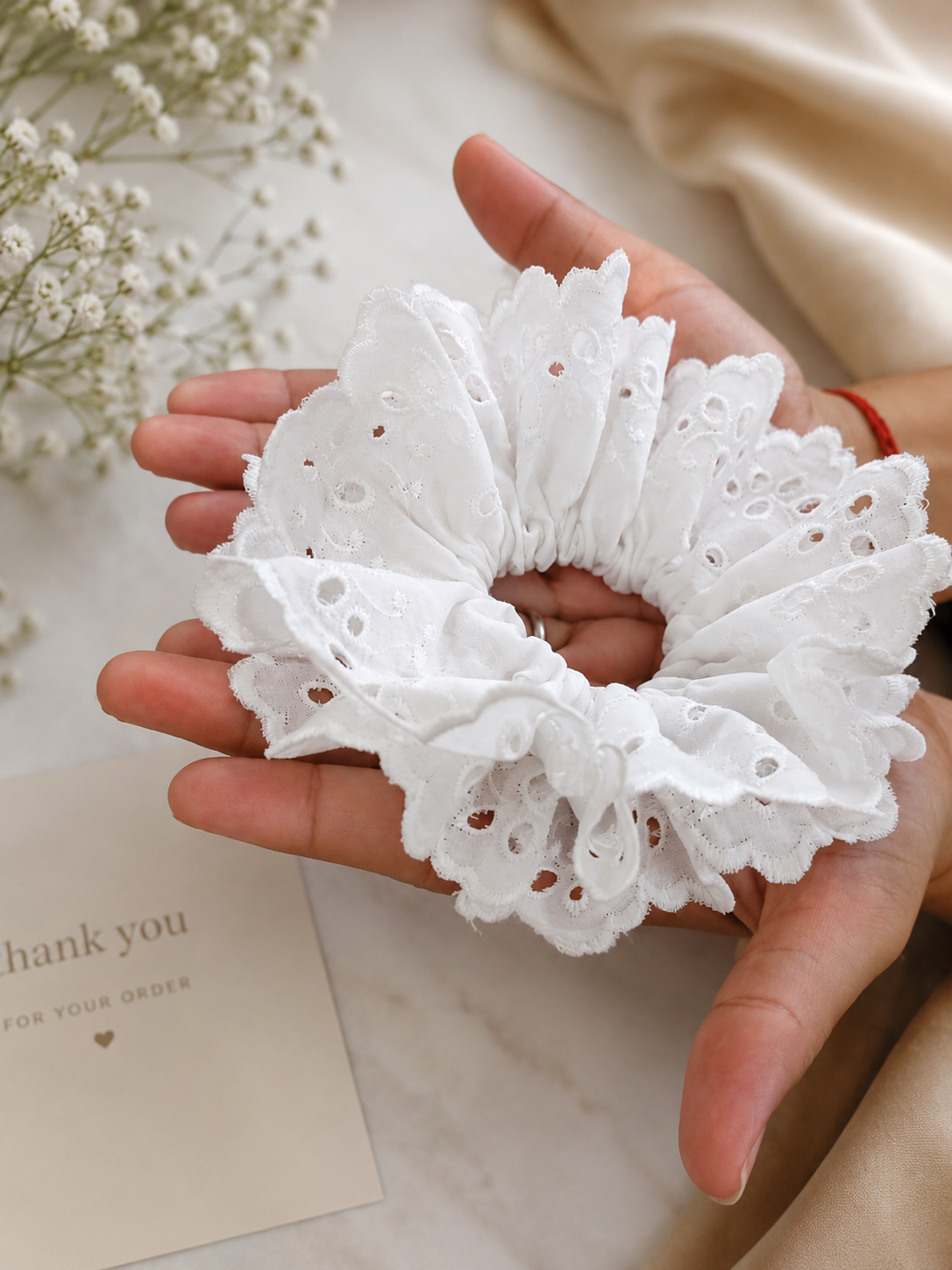 Handcrafted White Eyelet Lace Scrunchie – Pure Cotton Ruffled Hair Accessory
