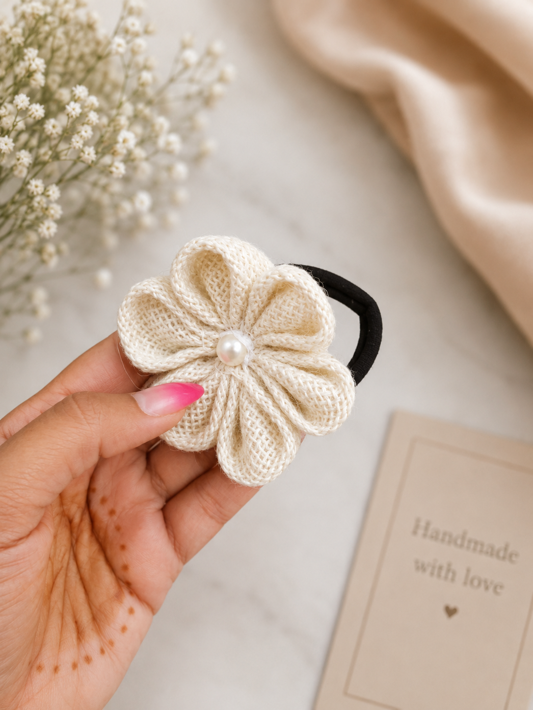 Ivory Bloom Handmade Flower Hair Tie | Pearl Accent