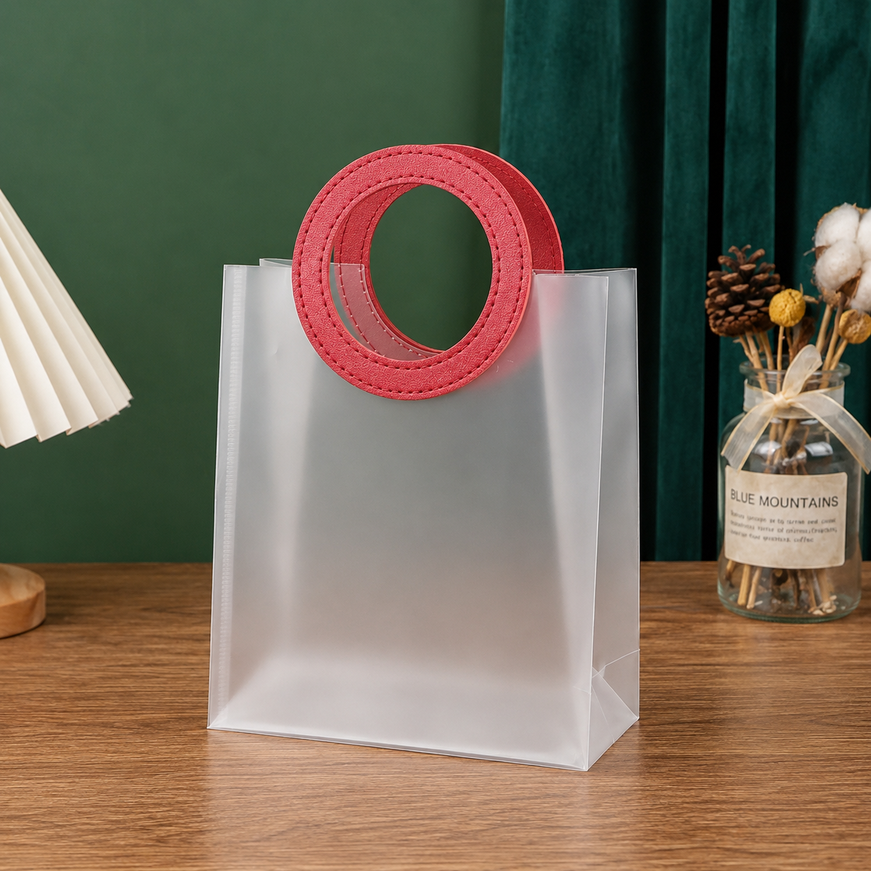 Luxury Frosted Gift Hamper Bag with Round Red Handles | Reusable Transparent Gift Bag