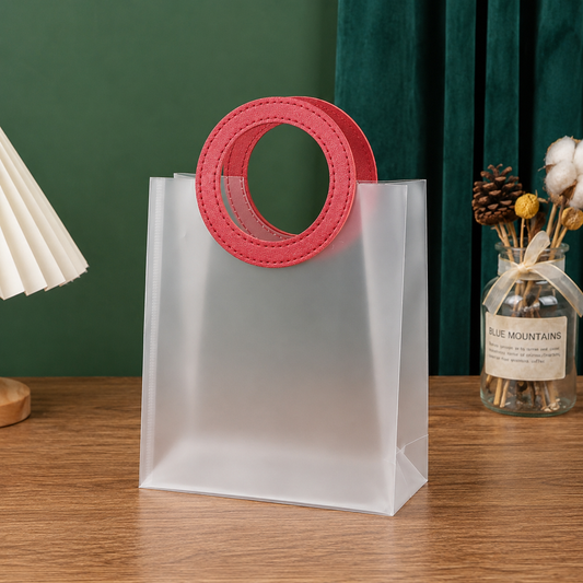 Luxury Frosted Gift Hamper Bag with Round Red Handles | Reusable Transparent Gift Bag