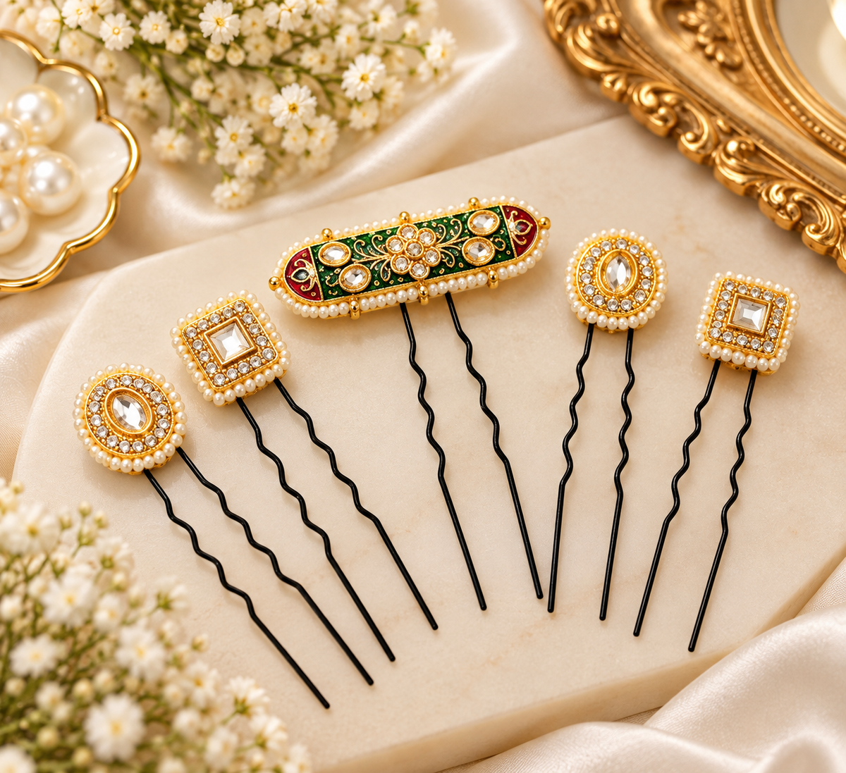 Mehfil-e-Noor Pearl Hair Pins – Set of 5 | Handmade Festive Hairpins