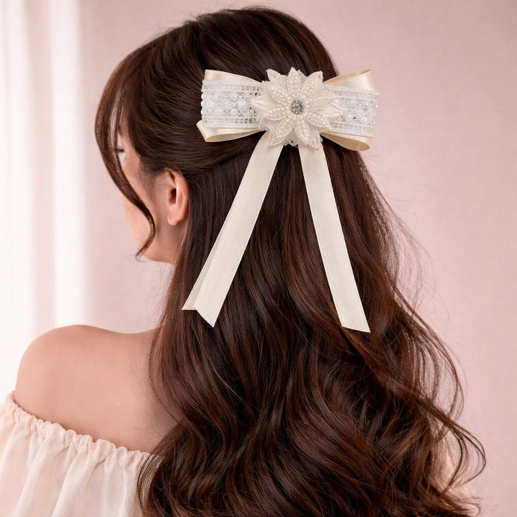 Ivory Lace Pearl Hair Bow Barrette Clip with Satin Ribbon Tails (5CM) | Handmade Elegant Hair Accessory