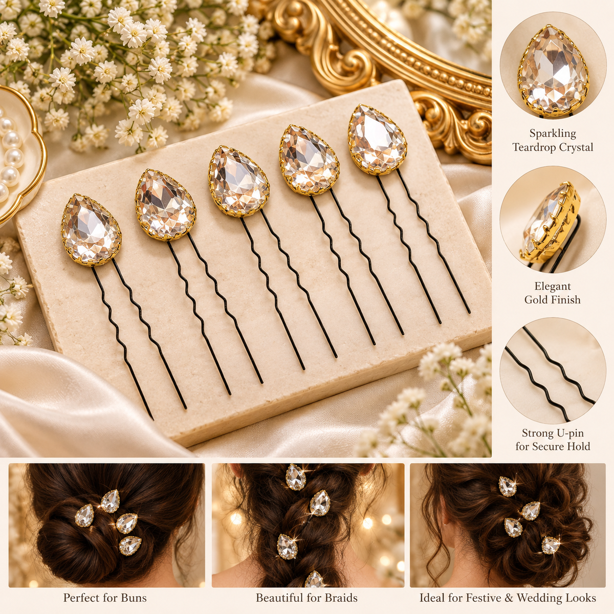 Sheesh Mahal Crystal Pins – Set of 5 | Gold Teardrop Crystal U-Pins