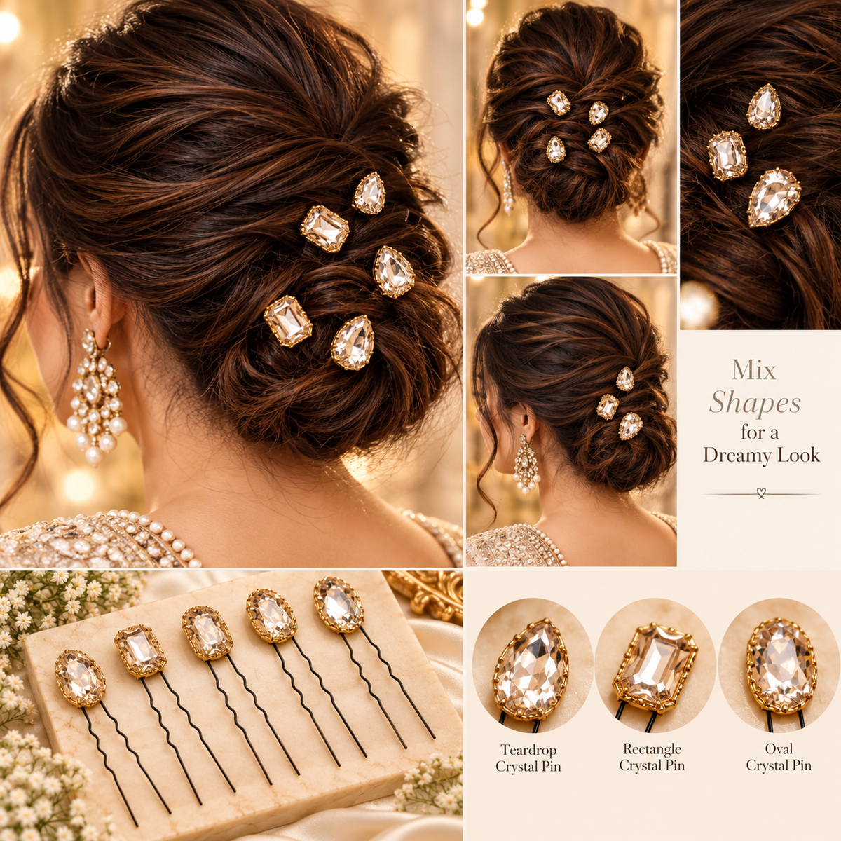 Sheesh Mahal Crystal Pins – Set of 5 | Gold Teardrop Crystal U-Pins