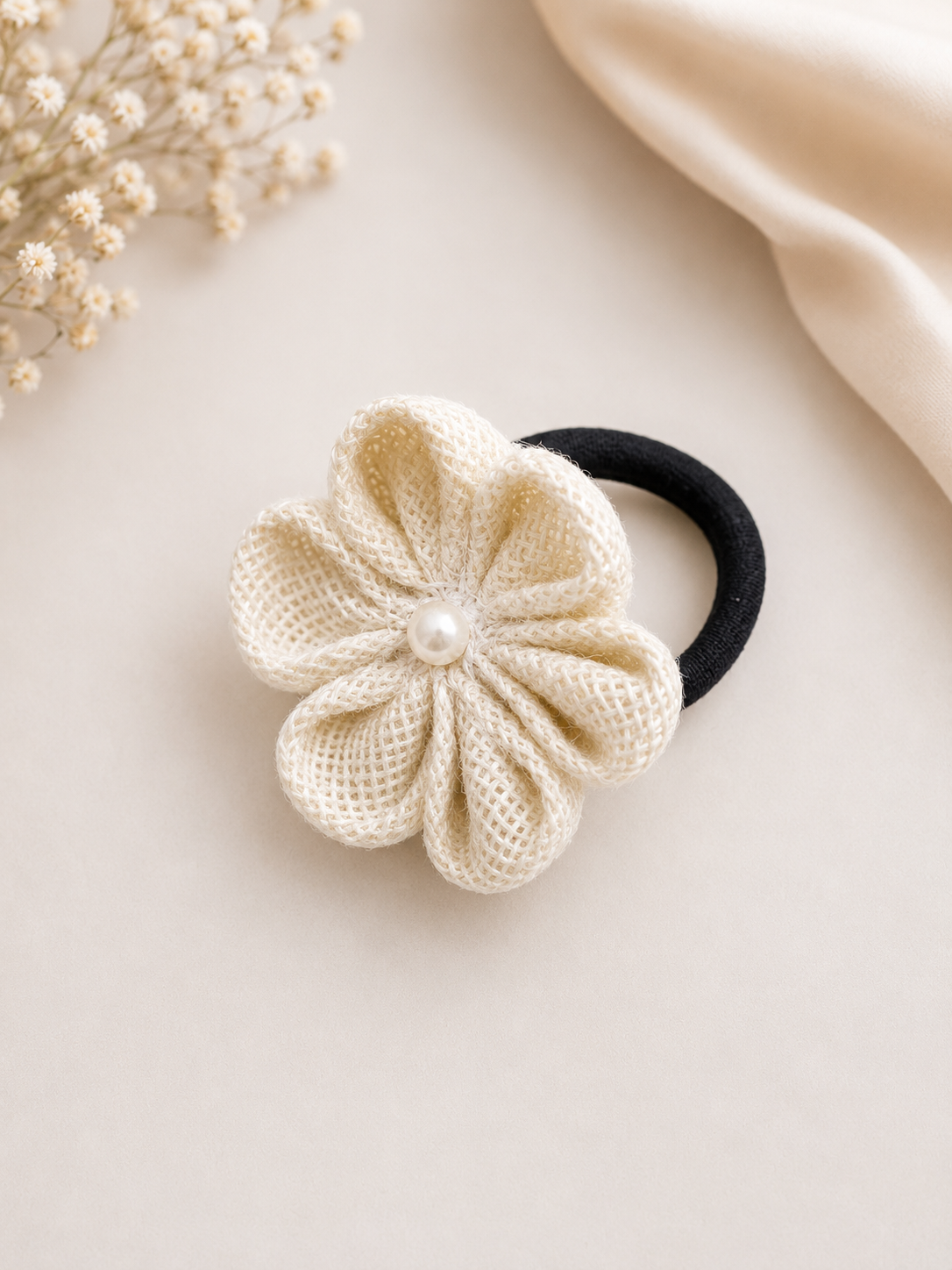 Ivory Bloom Handmade Flower Hair Tie | Pearl Accent