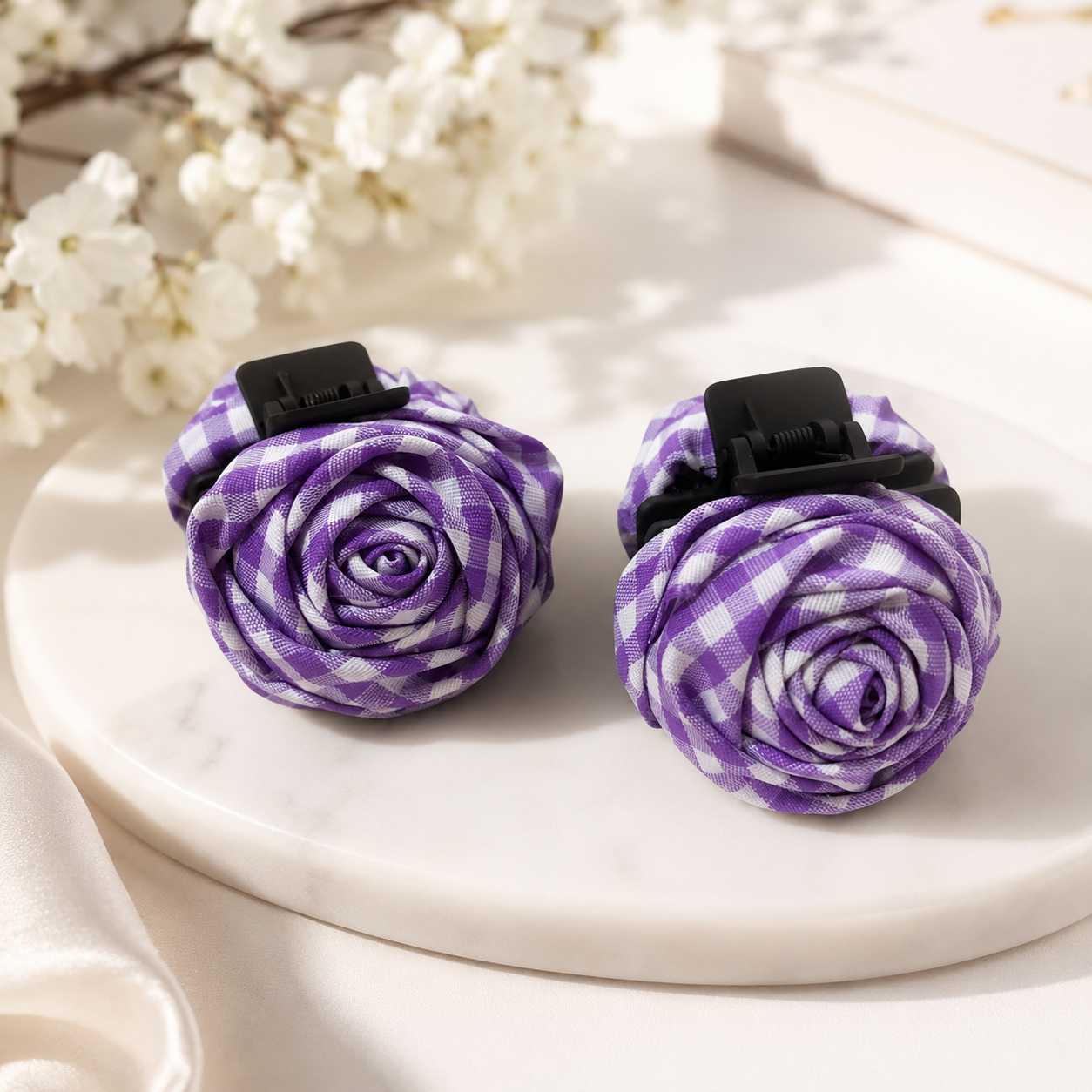 Vintage Gingham Rose Hair Claw – Handmade Fabric Flower Clip– 5.5 CM