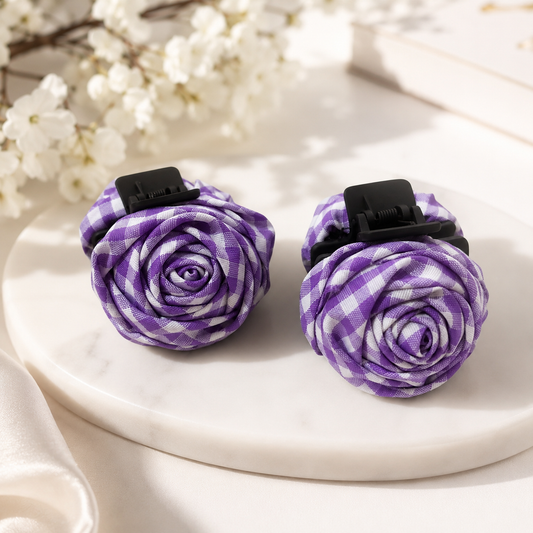 Vintage Gingham Rose Hair Claw – Handmade Fabric Flower Clip– 5.5 CM