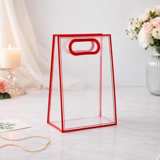 Luxury Transparent Gift Hamper Bag | Red Trim PVC Gift Bag | Reusable | 18 × 8 × 26 cm