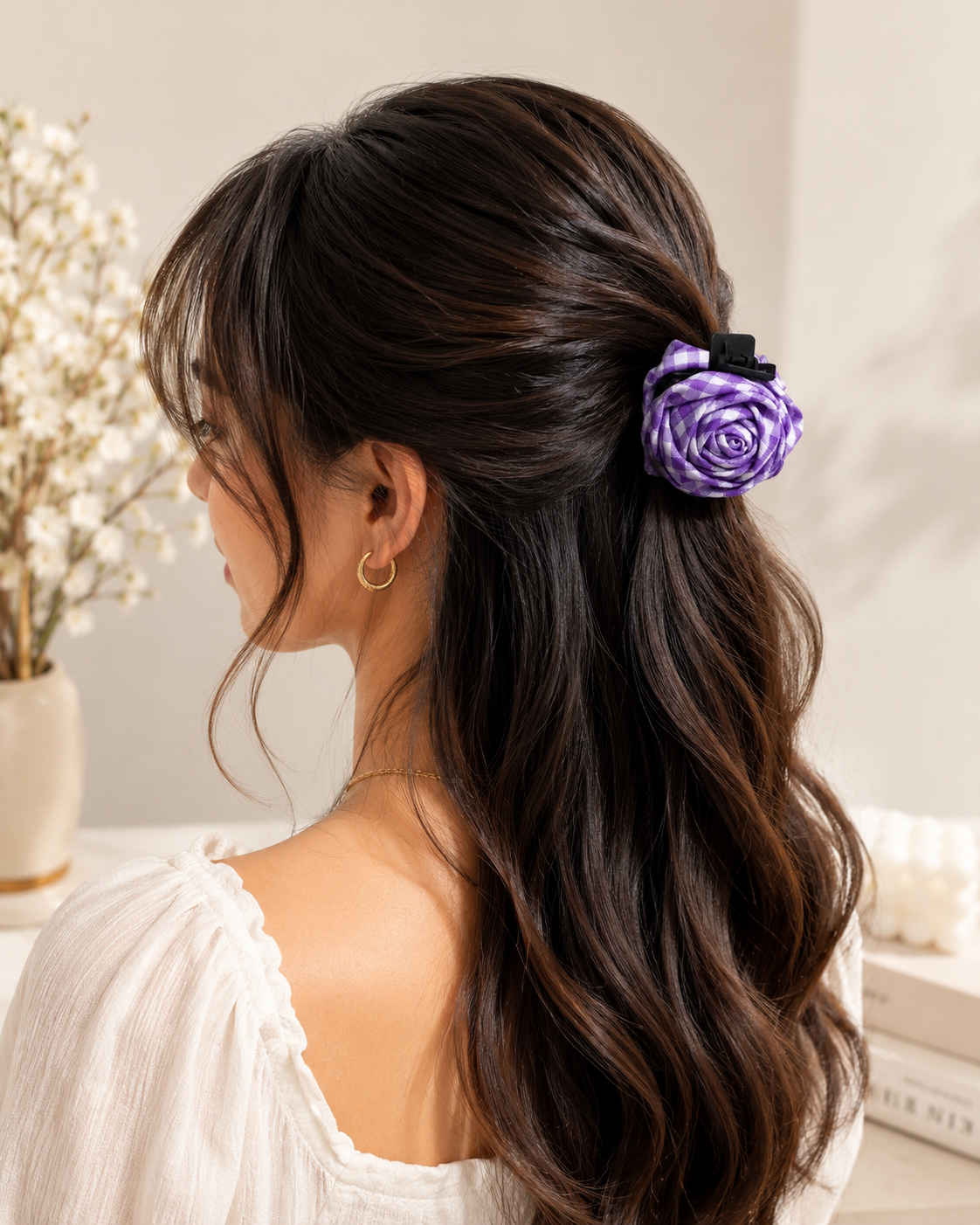 Vintage Gingham Rose Hair Claw – Handmade Fabric Flower Clip– 5.5 CM