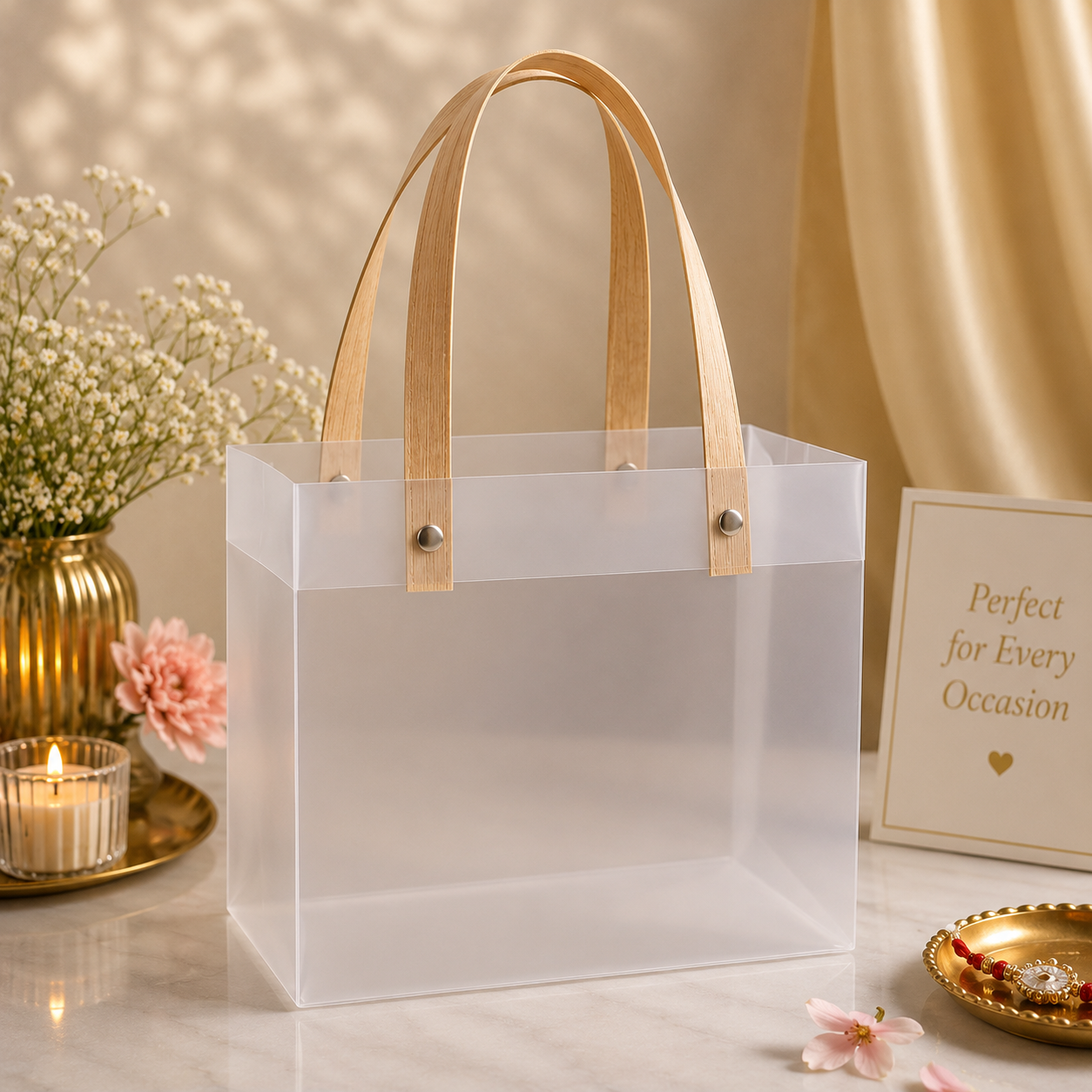 Luxury Frosted Gift Hamper Bag with Wooden look Handles | 9 × 9 × 9 Inch | Reusable Gift Bag