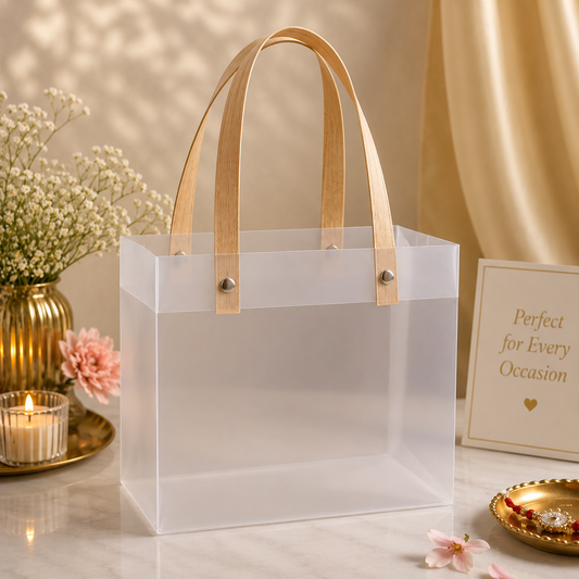 Luxury Frosted Gift Hamper Bag with Wooden look Handles | 9 × 9 × 9 Inch | Reusable Gift Bag